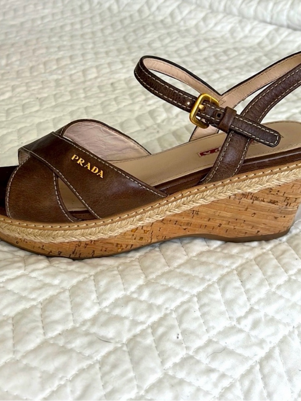 Prada Brown Leather Cork Wedge Sandals with Gold Buckle - Picture 2 of 9